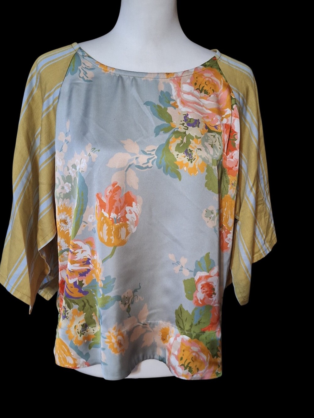 Alembika Womens XS striped floral oversized top kimono sleeve Boho Garden Party
